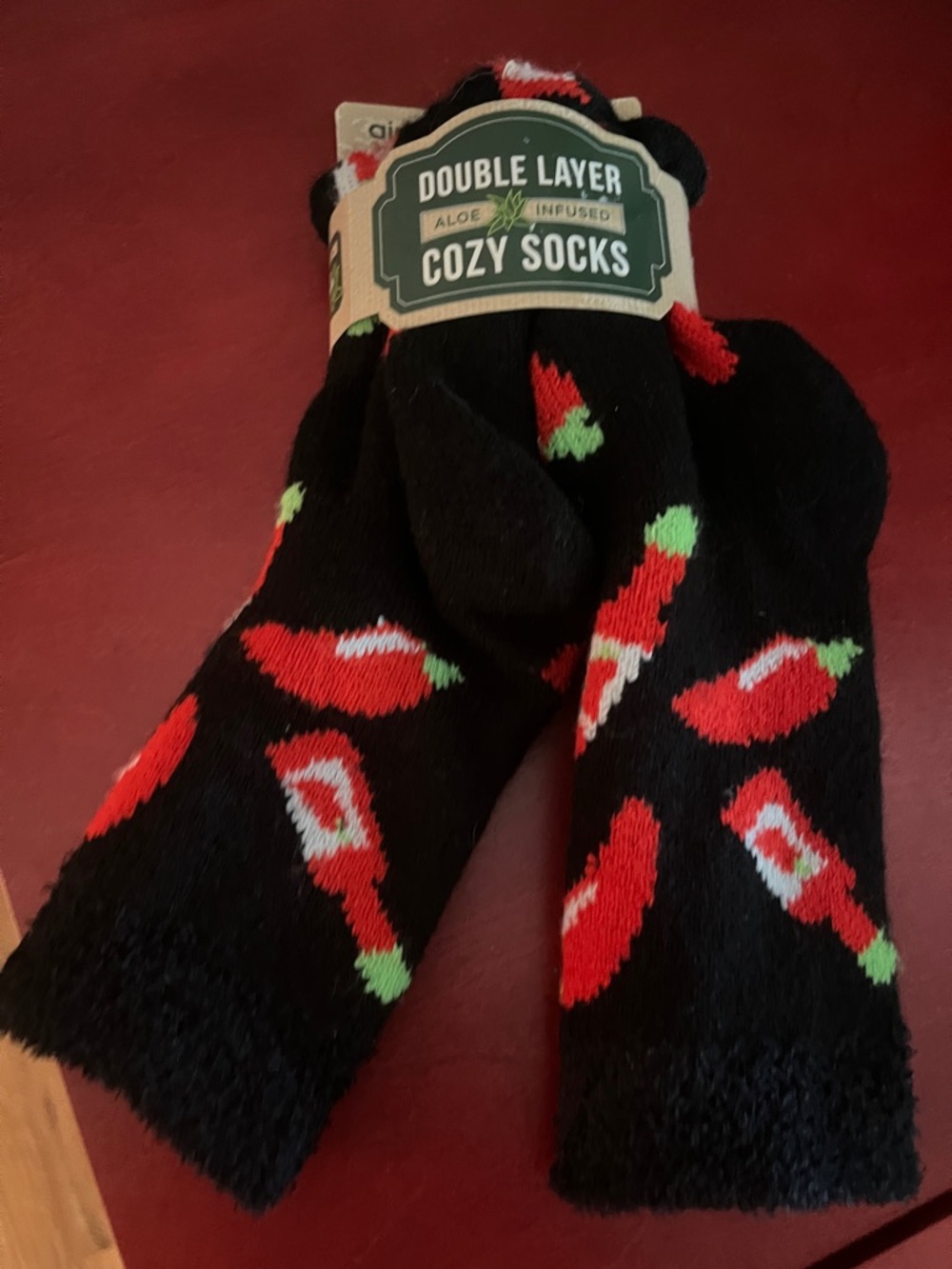 ❤️ 6 for 20 ❤️ NWT Double Layer Black Aloe-Infused Cozy Socks with Red Chili